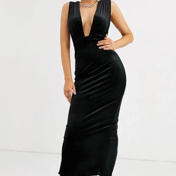 chinese dress ladies Rent ASOS DESIGN Frill Plunge Maxi Dress In Black main image 1